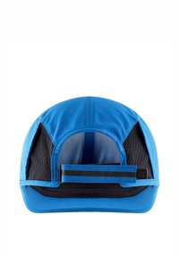Blue and black sports cap viewed from the back, featuring adjustable strap with Velcro closure and mesh panels for ventilation.