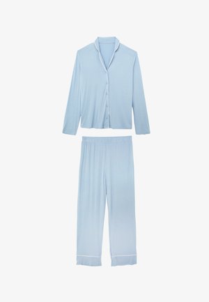 Hellblaues Pyjama-Set aus weichem Stoff, bestehend aus einem Oberteil mit Knöpfen und Kragen sowie passenden Hosen mit elastischem Bund und weißen Paspeln.