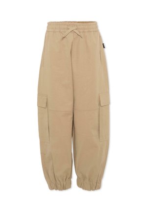 Pantalon cargo beige avec taille élastique, cordon de serrage, deux grandes poches latérales et poignets élastiques aux chevilles, présenté sur fond blanc.