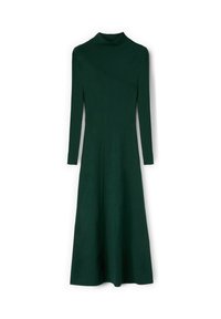 Abito a maniche lunghe di un verde intenso, realizzato in tessuto morbidissimo. Presenta un collo alto a coste e una silhouette a forma di A con orlo svasato.