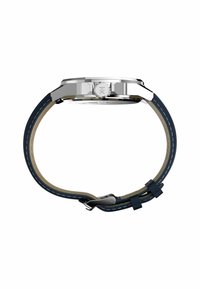 Orologio in acciaio inossidabile argentato con cassa ottagonale, cinturino in pelle blu e cucitura bianca. Dotato di corona e chiusura per una chiusura sicura.