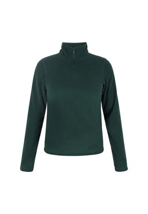 Donkergroene fleece pullover met een opstaande kraag en een kwart lange rits. Lange mouwen, gladde textuur en geen patronen of versieringen.