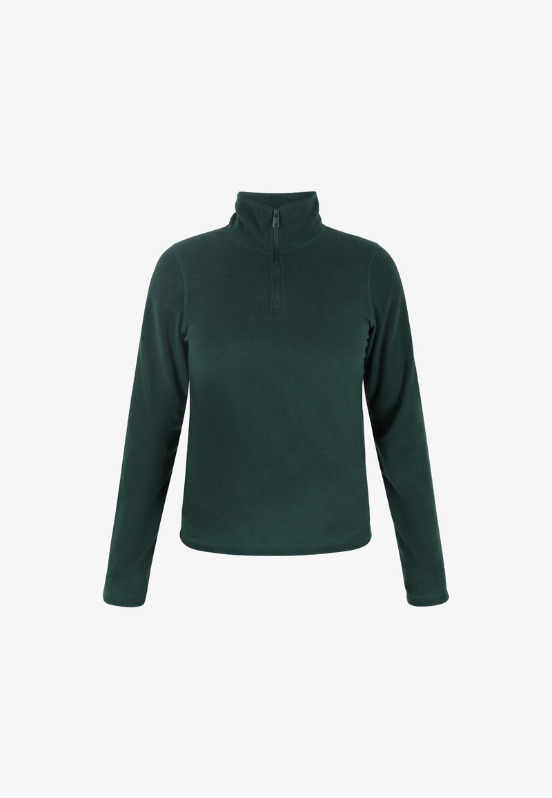 Donkergroene fleece pullover met een opstaande kraag en een kwart lange rits. Lange mouwen, gladde textuur en geen patronen of versieringen.