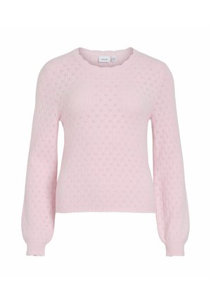 Rozā adīts džemperis ar ribotu tekstūru, apaļu kakla izgriezumu un bumbuļveida piedurknēm, visā džemperī izšūts dimanta raksts.