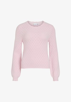 Rosa gestrickter Pullover mit gerippter Struktur, einem runden Ausschnitt und Ballonärmeln, der durchgehend ein Diamantmuster zeigt.