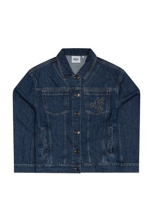 Donkerblauwe spijkerjack met knoopsluiting, twee borstzakken, waaronder een met geborduurde "NE" op de rechterzak, en twee zijzakken.