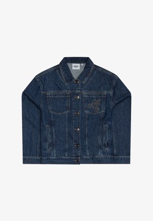 Donkerblauwe spijkerjack met knoopsluiting, twee borstzakken, waaronder een met geborduurde "NE" op de rechterzak, en twee zijzakken.