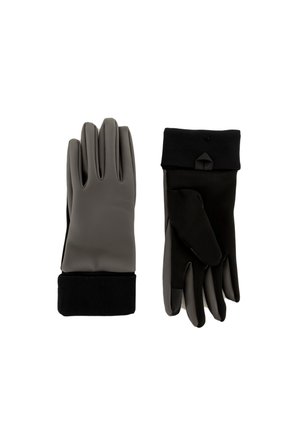 Pair of gloves featuring a grey smooth exterior and black ribbed cuffs. One glove has an added black accent on the palm side.