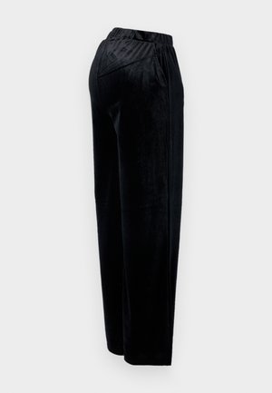 Mustad veluurpüksid elastse vöökohtaga, sirge jala disainiga ja peene läikega, küljetaskudega ning nähtava riistvara puudumisega.