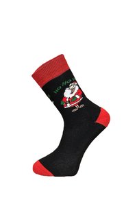 Schwarze Socken mit roten Akzenten, versehen mit einer Illustration von Santa Claus und dem grünen Schriftzug "Ho Ho Ho". Hergestellt aus weichem Material, mit geripptem Bündchen.