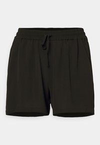 Black shorts with an elastic waistband and drawstring, featuring two side pockets and a relaxed fit, made from soft fabric.