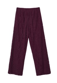 Burgunderfarbene weit geschnittene Hosen aus Spitze mit Blumenmuster, ausgestattet mit einem elastischen Bund und strukturiertem, durchsichtigem Stoff.