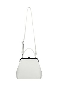 Borsa bianca con forma strutturata, superficie testurizzata, chiusura metallica e tracolla staccabile. Presenta una maniglia corta nella parte superiore.