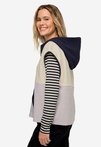 Gilet in pile beige, blu navy e pannelli viola chiaro. Presenta un cappuccio e una maglietta a maniche lunghe a righe che spunta da sotto.