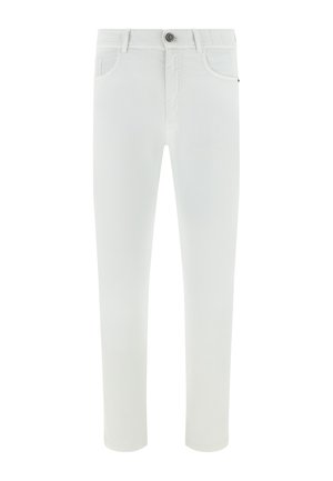 Bílé kalhoty s úzkým střihem, s předním zapínáním na knoflík a zip, vybavené poutky na pásek a dvěma předními kapsami.