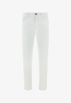 Pantalones blancos de corte ajustado con botón y cremallera delanteros, con trabillas para cinturón y dos bolsillos frontales.