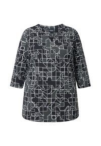 Musta ja harmaa pitkähihainen paita, jossa on valkoisia abstrakteja geometrisia viivakuviota ja pyöreä pääntie, jossa on pieni V-muotoinen lovi.