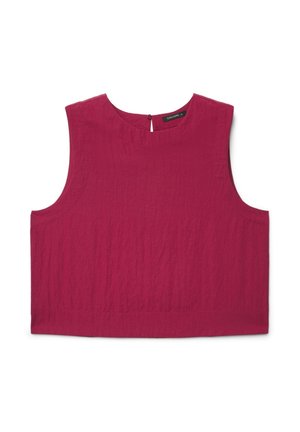 Top corto senza maniche in tessuto rosa scuro testurizzato, con scollo rotondo e una piccola chiusura con bottone sul retro.