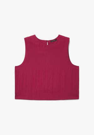 Top corto senza maniche in tessuto rosa scuro testurizzato, con scollo rotondo e una piccola chiusura con bottone sul retro.