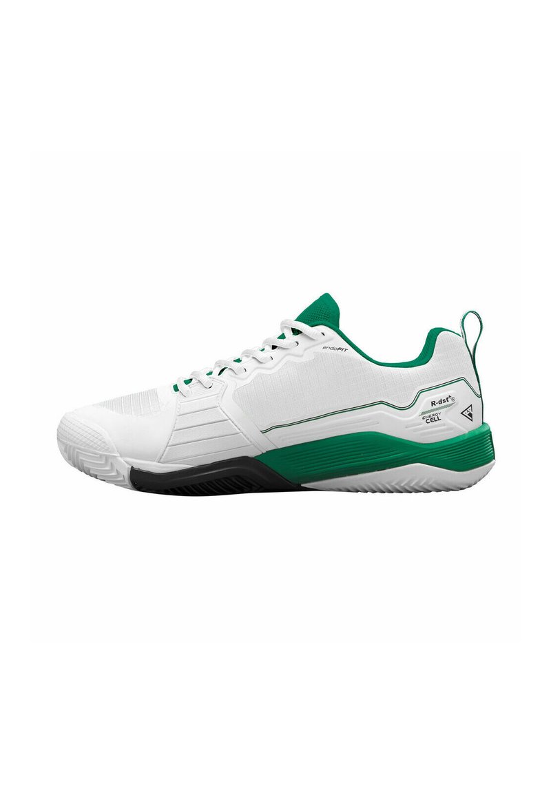 Weißer Sportschuh mit grünen Akzenten, mit einer strukturierten Oberseite, einer schwarzen Sohle und einer verstärkten Ferse für Stabilität.