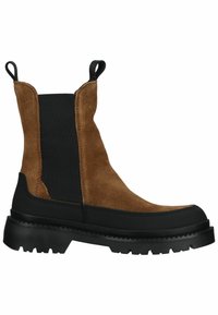 Brown suede ankle boot with black elastic sides and a chunky black rubber sole. Features pull tabs for easy wear and textured surface.