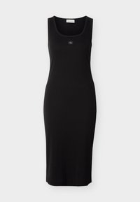 Μαύρο φόρεμα χωρίς μανίκια από ελαστικό ύφασμα, με στρογγυλό λαιμό και λογότυπο. Απλός σχεδιασμός, μήκος μέχρι το γόνατο.