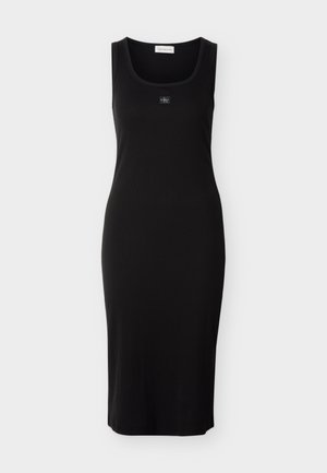 Abito nero senza maniche in tessuto elasticizzato, con scollo arrotondato e dettaglio logo. Design semplice, lunghezza al ginocchio.