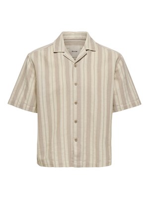 Chemise à rayures verticales beige et blanche à manches courtes avec col, style décontracté et coupe ample.
