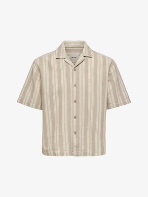 Chemise à rayures verticales beige et blanche à manches courtes avec col, style décontracté et coupe ample.