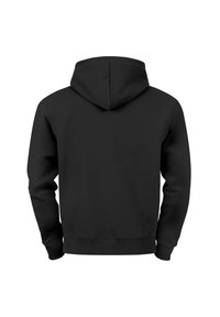 Schwarzer Kapuzenpullover mit langen Ärmeln, aus glattem Stoff gefertigt. Mit einer Kängurutasche und gerippten Bündchen und Saum. Schlichte Rückseitengestaltung.
