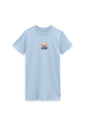 Lyseblå T-shirt med korte ærmer og rund hals med lille Vans-logo og gule og pink blomster i midten af brystet.