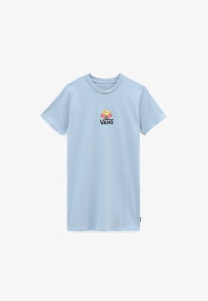 T-shirt bleu clair à manches courtes et col rond avec petit logo Vans et fleurs jaunes et roses centrées sur la poitrine.