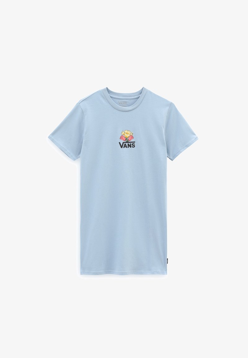 T-shirt bleu clair à manches courtes et col rond avec petit logo Vans et fleurs jaunes et roses centrées sur la poitrine.