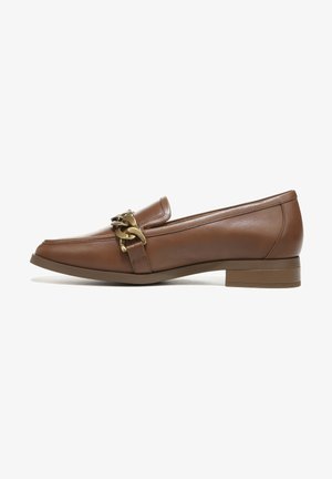 Brown leather loafers with a rounded toe, low block heel, and gold chain accent on the upper. Smooth texture and sleek design.
