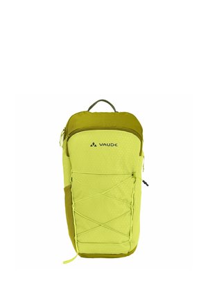 Zaino Vaude giallo-verde brillante con maniglia superiore, tasca frontale con zip e corda elastica incrociata sul pannello frontale.