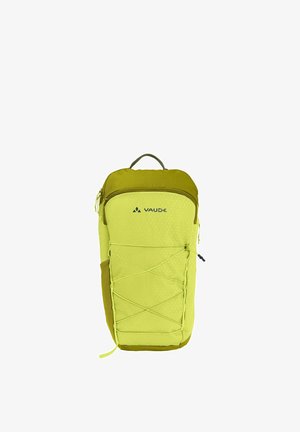 Sac à dos Vaude jaune-vert vif avec poignée supérieure, poche avant zippée et cordon élastique en croisillon sur le panneau avant.