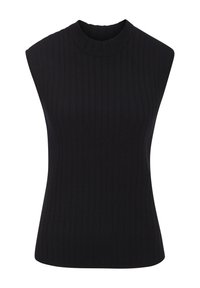 Zwarte mouwloze top van ribstof; heeft een hoge halslijn en een aansluitende silhouette met een gladde textuur.