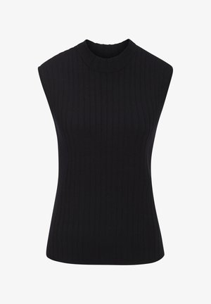 Schwarzes ärmelloses Oberteil aus Rippstoff; zeichnet sich durch einen hohen Kragen und eine enganliegende Silhouette mit glatter Textur aus.