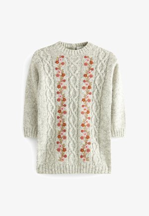 Pull gris clair en maille torsadée avec des rayures verticales florales brodées en rose et orange et des manches trois-quarts.