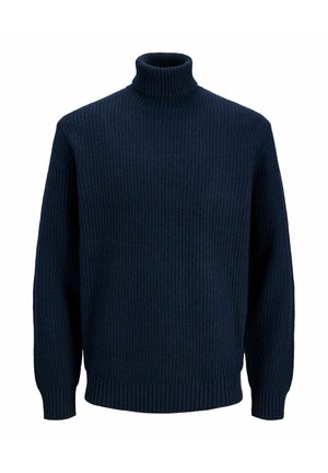 Tengerészkék garbó pulóver bordázott kötött anyagból, hosszú ujjakkal és bordázott szegéllyel, texturált, testhez simuló megjelenést kínálva.