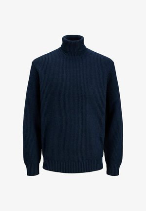 Tengerészkék garbó pulóver bordázott kötött anyagból, hosszú ujjakkal és bordázott szegéllyel, texturált, testhez simuló megjelenést kínálva.