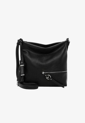 Svart läder crossbody-väska med en dragkedjeförsedd framficka, justerbar rem och en texturerad yta. Har en kvast och en logotagsaccent.