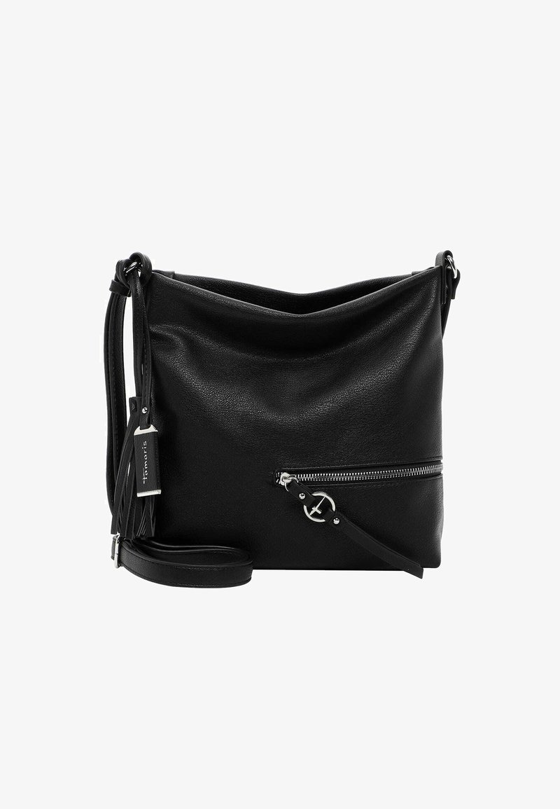 Černá kožená crossbody taška s kapsou na zip vpředu, nastavitelným popruhem a texturovaným povrchem. Obsahuje střapec a logo přívěsek jako akcent.