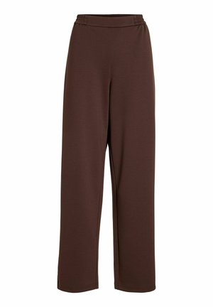 Pantalon marron taille haute à jambe large avec ceinture élastique, fabriqué en tissu lisse, conçu pour une tenue décontractée ou lounge.
