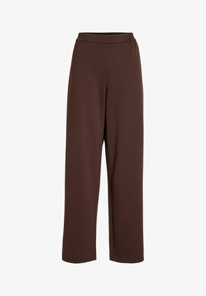 Pantalon marron taille haute à jambe large avec ceinture élastique, fabriqué en tissu lisse, conçu pour une tenue décontractée ou lounge.