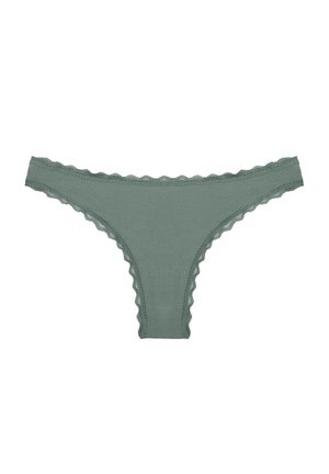 Green lace-trimmed thong made of soft material. Features scalloped edges along the waistband and leg openings.