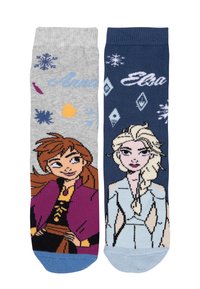 Calze con personaggi che raffigurano Anna in grigio con accenti viola ed Elsa in blu notte con dettagli azzurri; entrambe presentano pattern a tema invernale.