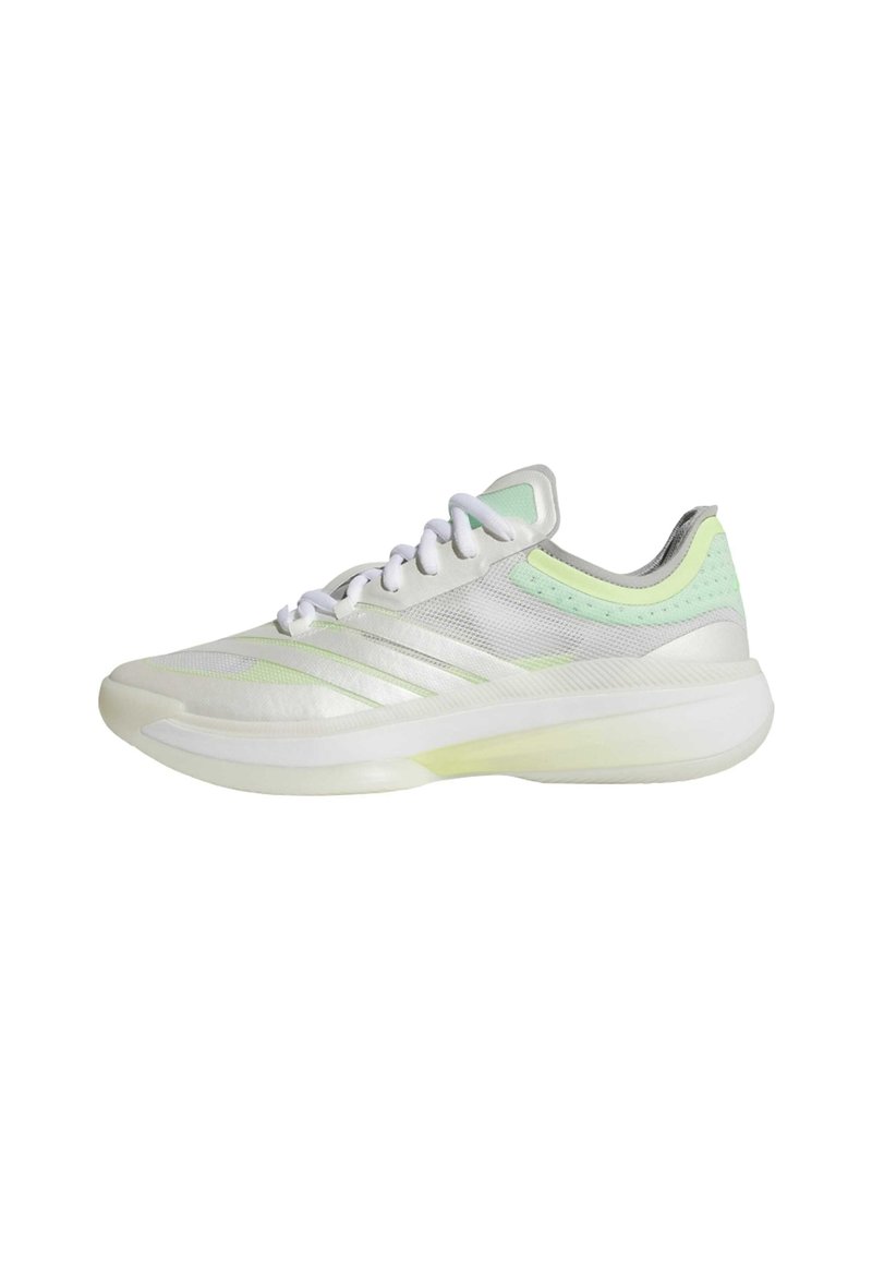 White and light green athletic sneaker with mesh design, lace-up closure, and thick cushioned sole, shown from the side on a white background.