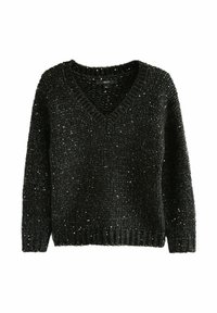 Chunky black knit sweater with V-neck and scattered small shiny sequins on long sleeves and ribbed hem.
