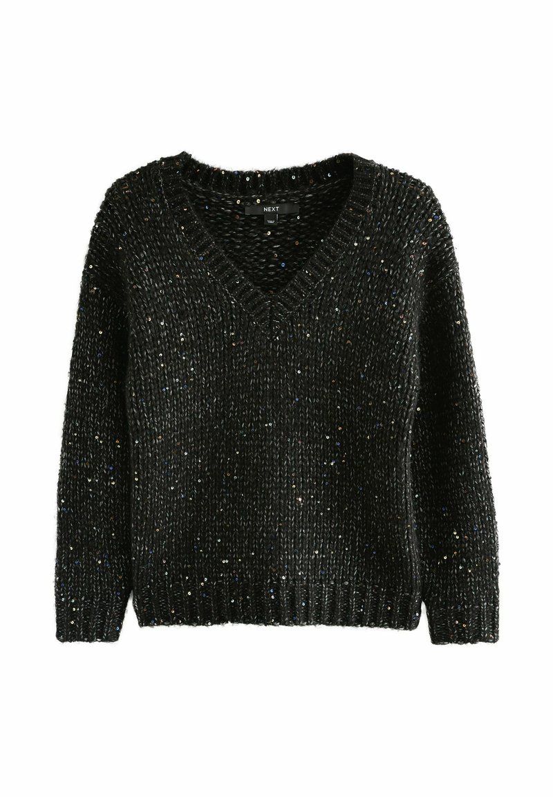 Chunky black knit sweater with V-neck and scattered small shiny sequins on long sleeves and ribbed hem.